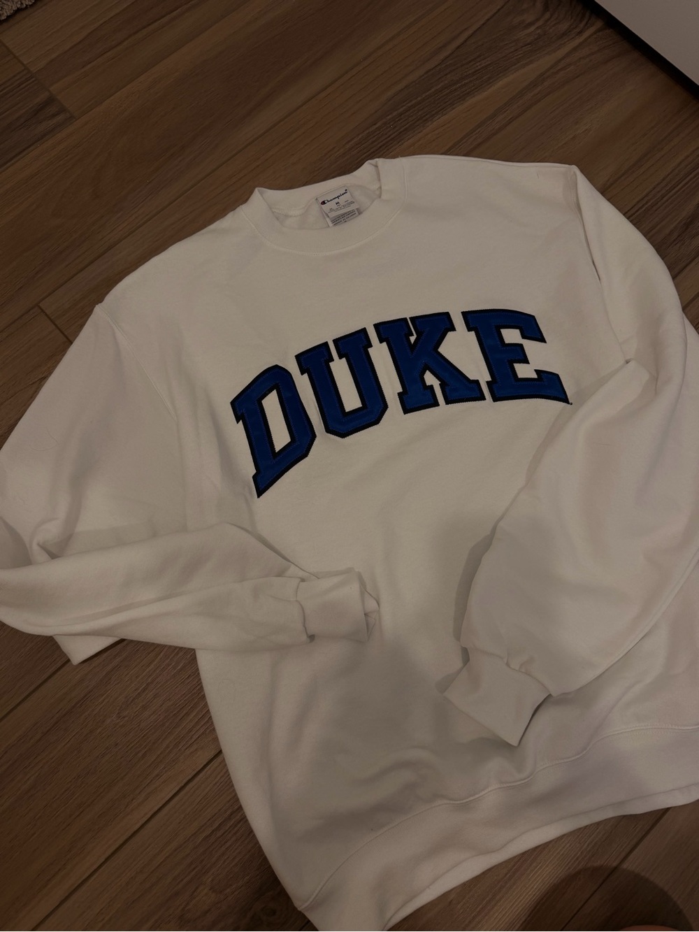 Champion White Crewneck Sweatshirt with Blue Duke Applique